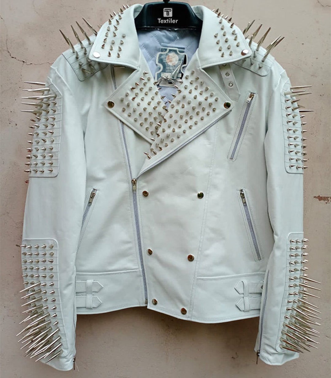 White Leather and Silver Studded Long Spiked Cowhide Leather White Leather and Silver Studded Long Spiked Cowhide Leather