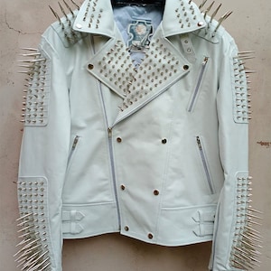 White Leather and Silver Studded Long Spiked Cowhide Leather Jacket