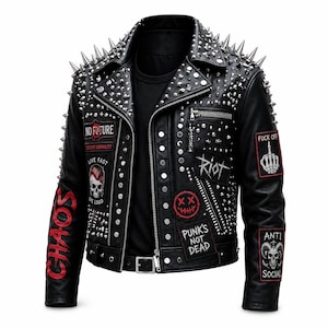May include: A black leather jacket featuring silver metal studs and spikes on the shoulders and lapels. The jacket is decorated with various patches including text that reads NO FUTURE, RIOT, PUNK'S NOT DEAD, FUCK OFF, ANTI SOCIAL, and CHAOS.