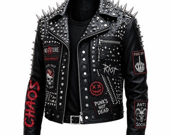 Men's Spiked Leather Biker Jacket, Gothic Punk Rock Moto Coat, Studded Steampunk Fashion