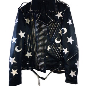 Handmade Men&#39;s Black Leather Stars & Moons design Steampunk Jacket