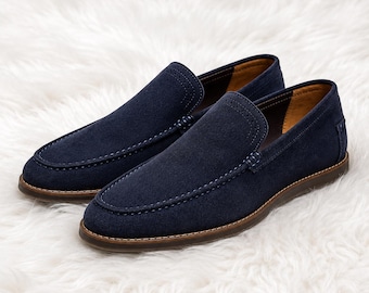 Mens Navy Suede Loafers Handmade Genuine Leather Slip On Dress Shoes