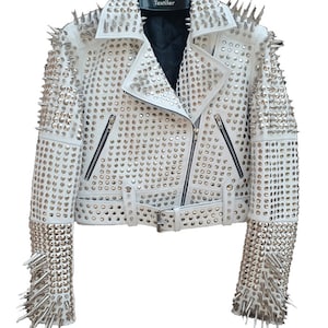 Women&#39;s Steampunk Silver Studded White Leather Long Spiked Rocker Style Jacket