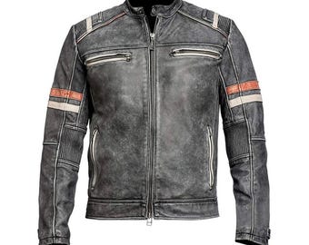 Mens Vintage Grey Cowhide Leather Cafe Racer Biker Jacket Distressed Handmade Moto Style