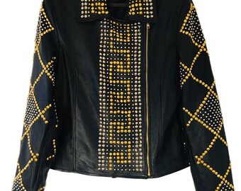 Womens Genuine Leather Biker Jacket Gold & Silver Studded Punk Rock Style