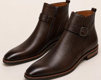 Men's Handmade Dark Brown Leather Ankle Boots, Side Zip Monk Strap Dress Style