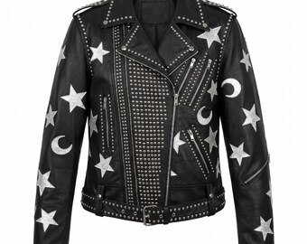 Mens Studded Leather Biker Jacket Black Steampunk Punk Stars Moons