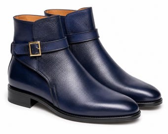 Handmade Mens Blue Leather Monk Strap High Ankle Buckle Boot