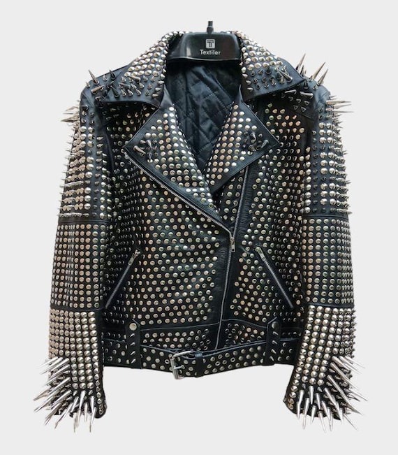 Men's Genuine Leather Punk Rock Biker Jacket Full Spiked Studded Moto Coat
