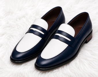 Mens Blue White Leather Penny Loafers Handmade Genuine Leather Dress Shoes Slip On Formal Wedding Shoes Luxury Casual Loafers