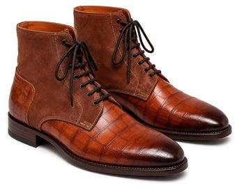 Handmade Mens Brown Leather Suede Crocodile Texture High Ankle Lace Up Boot