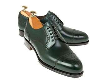 Handmade Men’s Green Leather Lace Up Heart Medallions Oxford Shoes