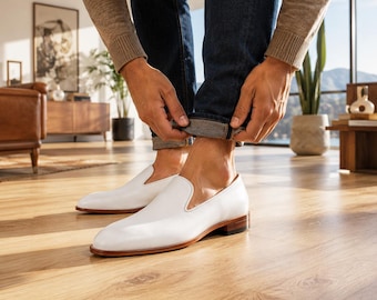 Mocassins faits main en cuir blanc pour hommes sans lacets