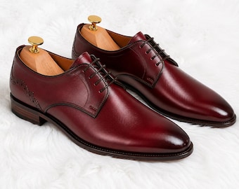 Handmade Burgundy Leather Derby Dress Shoes: Italian Plain Toe Oxfords