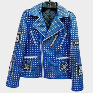 PHILLIP PLEIN Blue Leather Full Studded Jacket, Men&#39;s Steam punk Cowhide Leather Jacket, Spiked Rocker Style Jacket