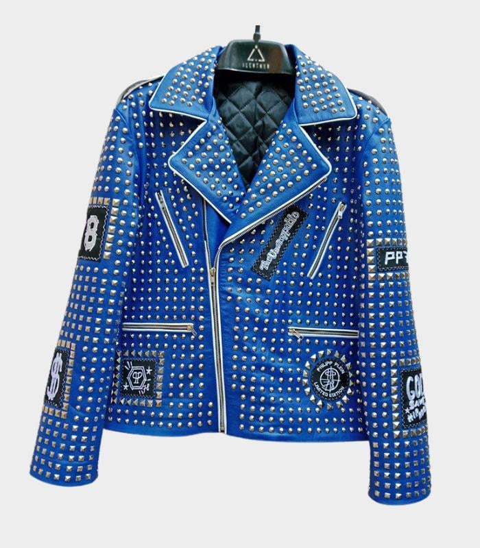 PHILLIP PLEIN Blue Leather Full Studded Jacket, Men's Steam Punk
