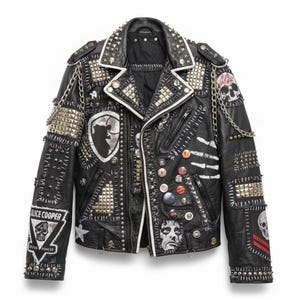 Personalisierte Herren Lederjacke mit Nieten, Benutzerdefinierte Patches Gothic Bikerjacke, Punk Rock Silber Nieten Moto Jacke