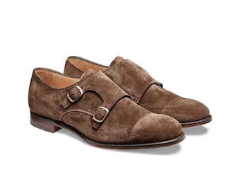 Chaussures à boucle double en daim marron chocolat pour hommes faites main
