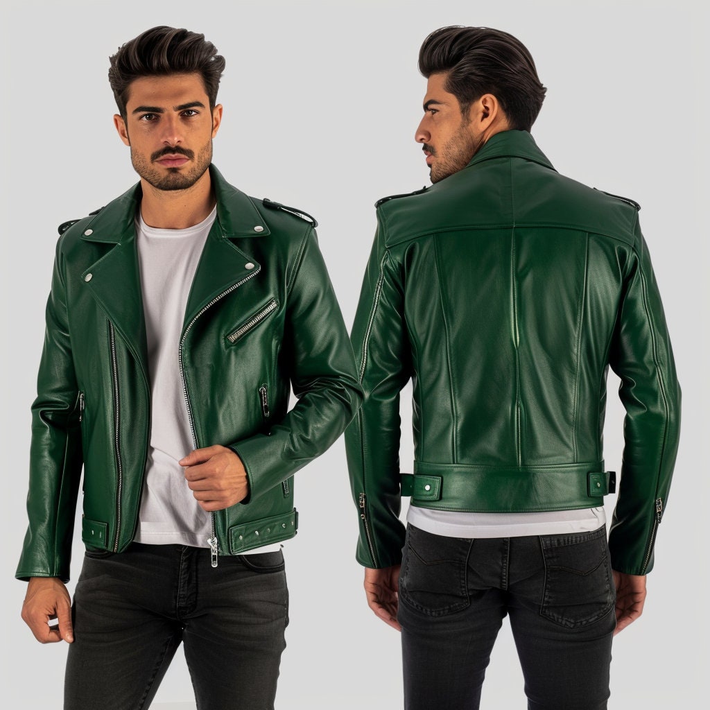 Mens Green Cowhide Leather Motorcycle Jacket Handmade Biker Jacket