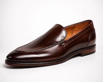 Handmade Mens Brown Leather Loafers Elegant Wedding Smart Casual Style