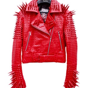 Handmade Red Studded Red Leather Jacket, Steampunk Full Studded Leather Jacket, Women&#39;s Spiked Leather Jacket