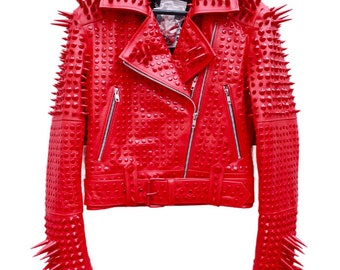 Handmade Red Leather Spiked Jacket Steampunk Studded Motorcycle Coat