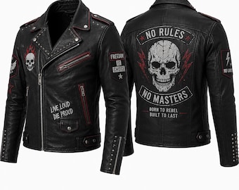 Mens Black Punk Leather Jacket Studded Biker Jacket, Gothic Motorcycle Jacket Rock Style Genuine Leather Coat Skull Patch Moto Jacket