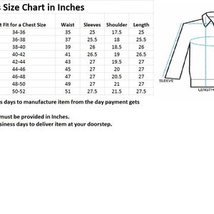 May include: A size chart for men's jackets, showing measurements in inches for jacket chest, best fit chest size, waist, sleeves, shoulder, and length. The chart includes sizes from X-Small to 5X-Large.
