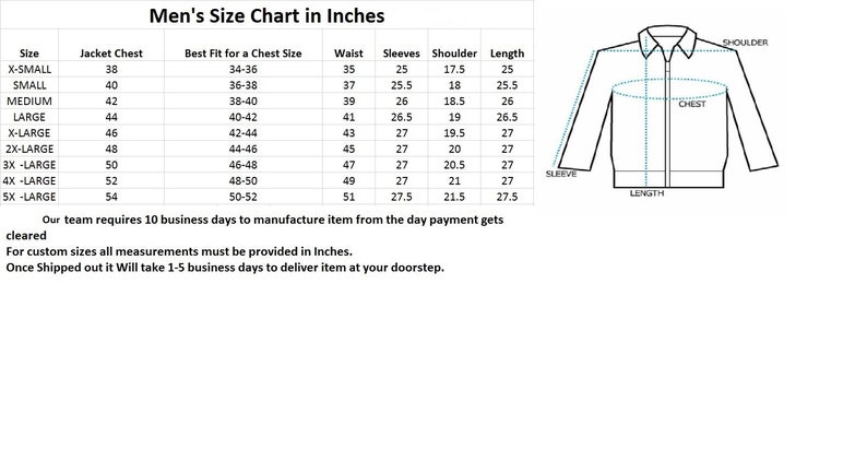 May include: A size chart for men's jackets, showing measurements in inches for jacket chest, best fit chest size, waist, sleeves, shoulder, and length. The chart includes sizes from X-Small to 5X-Large.