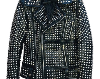 Womens Genuine Leather Studded Biker Jacket, Punk Rock Gothic Moto Apparel