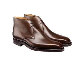 Botte haute de style chukka en cuir marron fait main à lacets pour homme