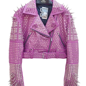 Handmade Women&#39;s Pink Leather Full Spiked Jacket, Steampunk Rocker Style Leather Jacket
