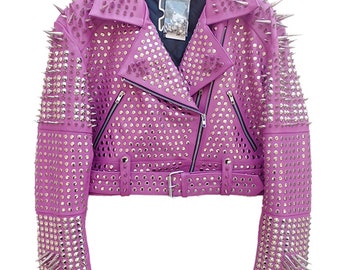 Womens Handmade Pink Spiked Leather Biker Jacket Punk Gothic Steampunk Style