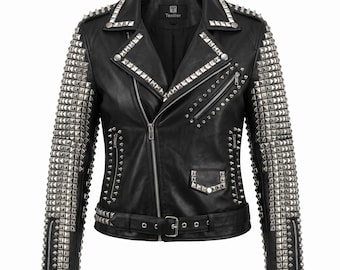 Chaqueta steampunk de cuero de vaca negro con tachuelas plateadas hecha a mano para hombre