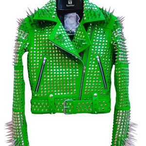 Handmade Silver Studded Leather Jacket, Steampunk Metal Studded Fashion Leather Jacket, Women&#39;s Spiked Rocker Style Leather Jacket