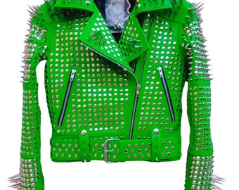 Womens Genuine Leather Spiked Punk Rock Biker Jacket Handmade Gothic Moto Coat