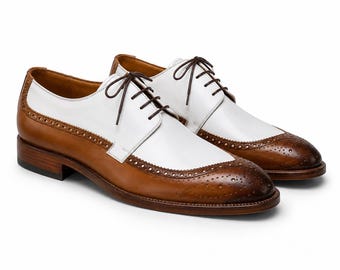 Handmade Mens Brown White Leather Lace Up Oxford Shoes