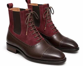 Handmade Mens Maroon Leather suede Toe Brogues High Ankle Lace UP Boot