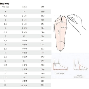 Op de afbeelding: Een maattabel voor schoenen met de titel Men's Shoe Size In Inches, met kolommen voor Amerikaanse, Europese en Britse maten naast afmetingen in inches en centimeters. Bevat een diagram dat laat zien hoe voetlengte en -breedte worden gemeten.