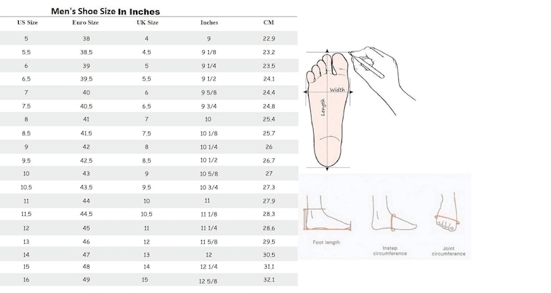 Op de afbeelding: Een maattabel voor schoenen met de titel Men's Shoe Size In Inches, met kolommen voor Amerikaanse, Europese en Britse maten naast afmetingen in inches en centimeters. Bevat een diagram dat laat zien hoe voetlengte en -breedte worden gemeten.