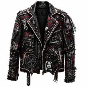 Könnte beinhalten: Eine schwarze Lederjacke mit silbernen Metallnieten, Reißverschlüssen und verschiedenen Aufnähern, darunter ein Pentagramm, ein Totenkopf und der Schriftzug "DEAD INSIDE". Das Kleidungsstück hat abgenutzte Stoffdetails, rote Akzente und ein schwarzes Netz.