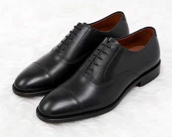 Handmade Black Leather Oxford Cap Toe Dress Shoes – Men's Formal Lace Up