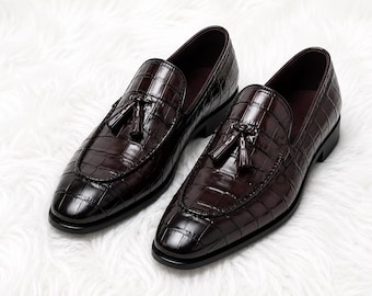 Mens Handmade Brown Crocodile Embossed Leather Tassel Loafers Genuine Leather Formal Dress Shoes Luxury Slip On Moccasins