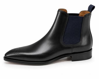 Handmade Black Calf Leather Chelsea Boots, Italian Style Dress Ankle Shoes