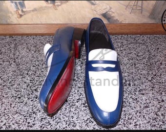 Mocassins Penny en cuir bleu et blanc pour homme, faits main, en cuir véritable, chaussures habillées à enfiler, chaussures de mariage formelles, mocassins décontractés de luxe