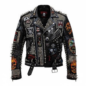 May include: Black leather jacket adorned with silver studs and spikes. Includes patches with skull and flame designs. The jacket has a classic biker style with a notched collar and a zip fastening.