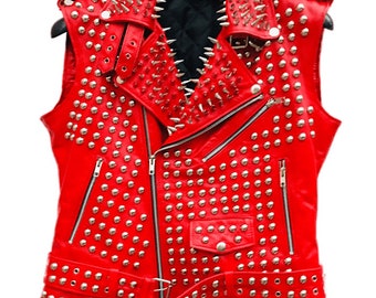 Red Studded Leather Vest Punk Rock Biker Gothic Steampunk Moto Waistcoat