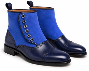 Handmade Mens Blue Leather Suede High Ankle Buttons Boots