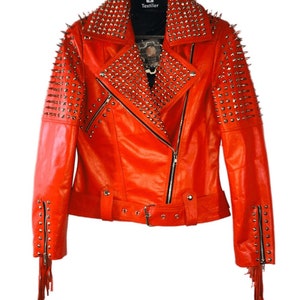 Handmade Red Leather Studded Jacket, Women&#39;s Fringe Style Steampunk Leather Jacket