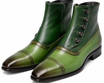 Handmade Mens High Ankle Green Leather Buttons Long Boot